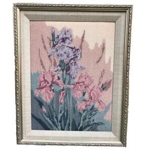 VTG Handcrafted Framed Floral MCM Wall Art Needlepoint Iris Spring Flowers OOAK